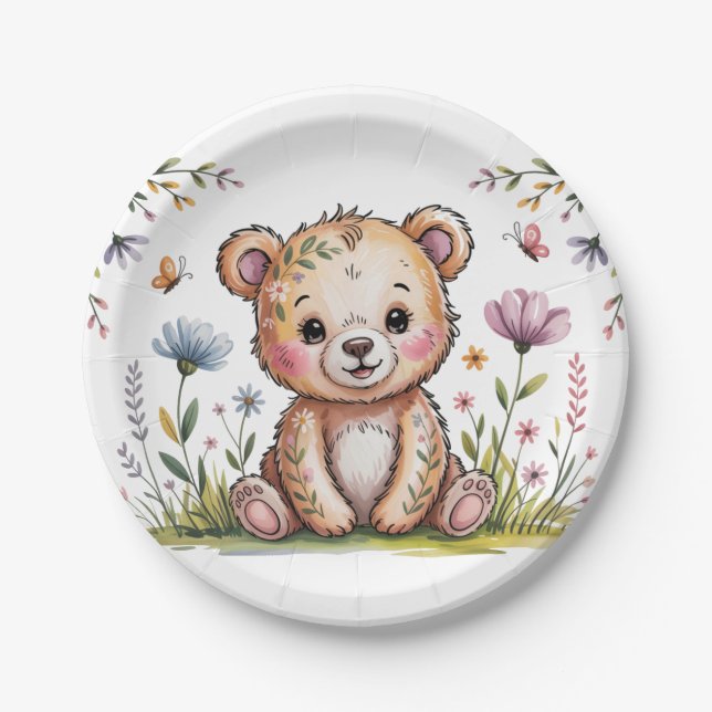 Blumenbär wir können frühzeitig abwarten Baby-Dusc Pappteller (Vorderseite)