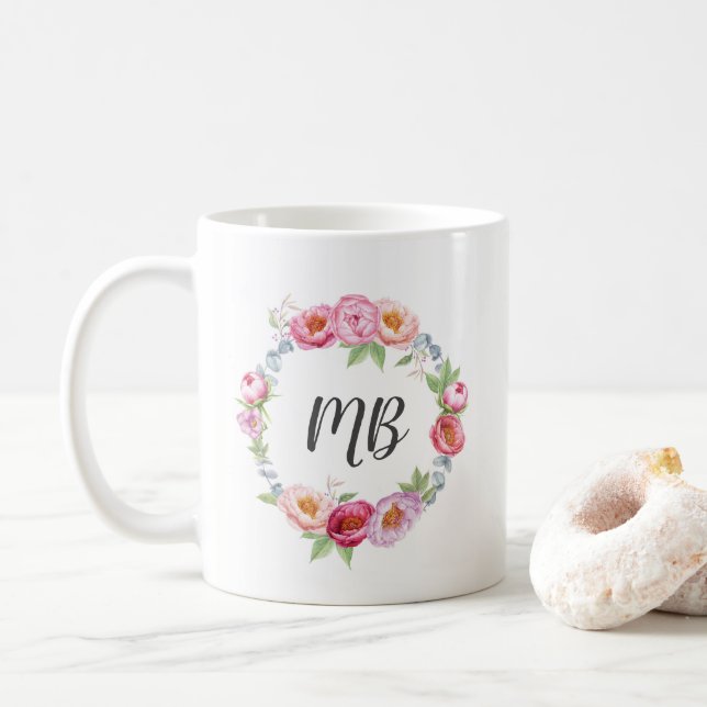 Blumenbäuche werfen Aquarellfarben Monogram-Tasse Tasse (Mit Donut)