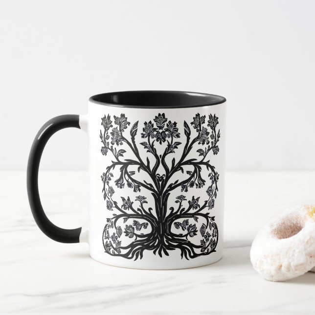 Blumenbaum in Schwarz auf Weiß Tasse (Mit Donut)