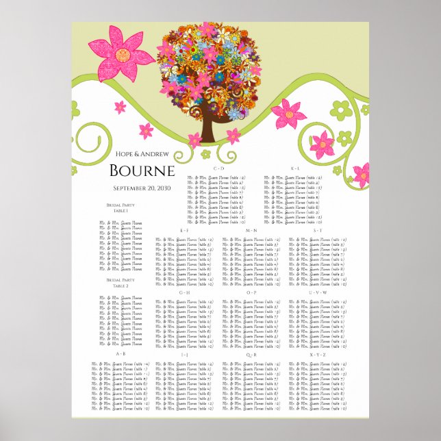 Blumenbaum Sitzplan Alphabetische Tabelle #'s Poster (Vorne)