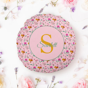 Blumenbeere und Blume Muster Monogramm Name Rundes Kissen