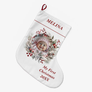 Blumenbeeren Baby's First Christmas Foto Großer Weihnachtsstrumpf