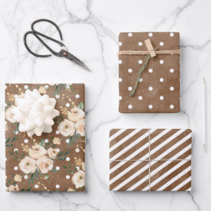 Blumenbeige Blush auf braune Hochzeit Geschenkpapier Set