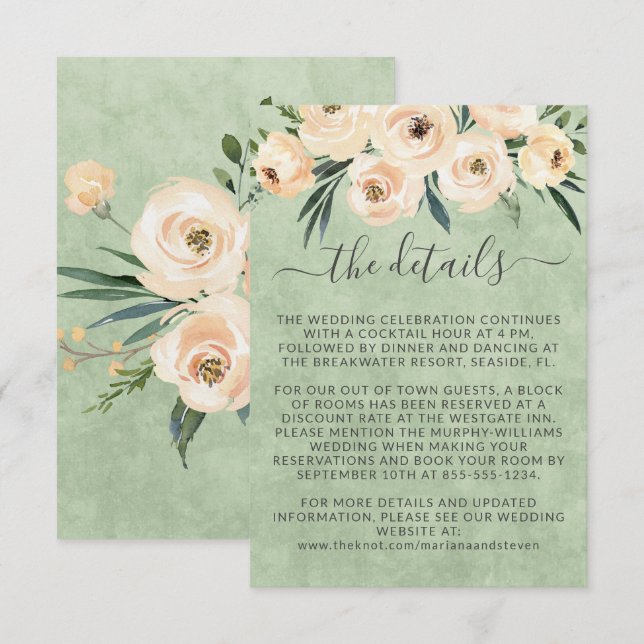 Blumenbeige Rose Gold auf Grün Begleitkarte (Vorne/Hinten)