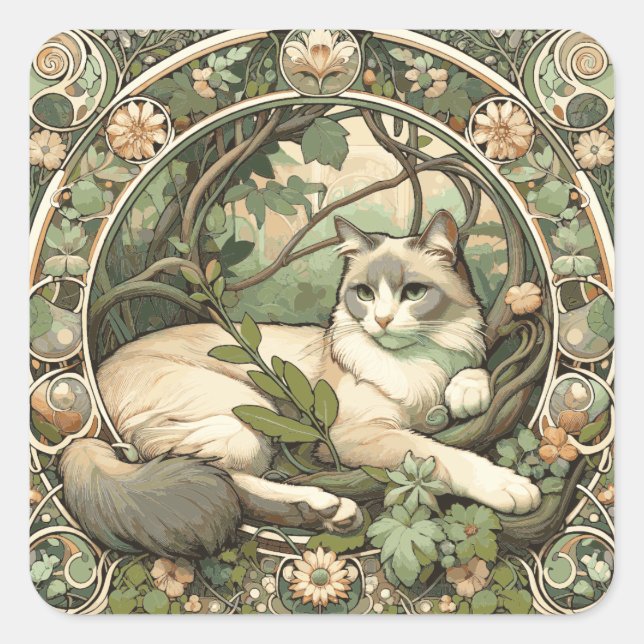 Blumenbeige und Jugendstil-Katze Quadratischer Aufkleber (Vorderseite)