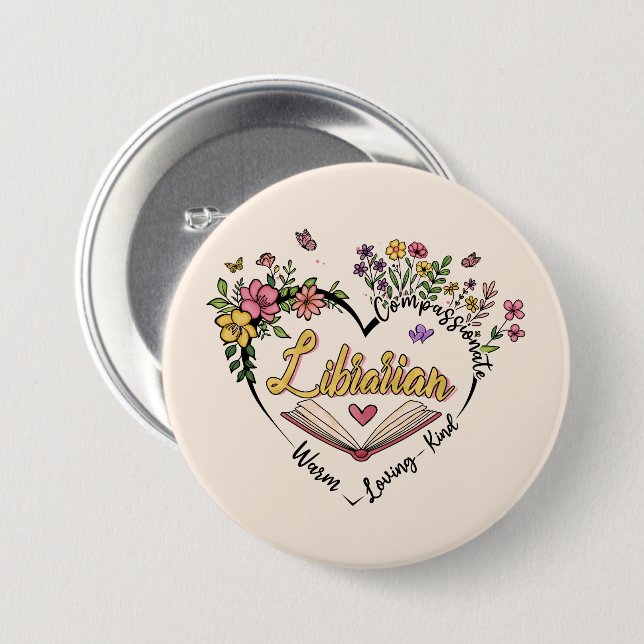 Blumenbibliothekarisches Herz Button (Vorne & Hinten)