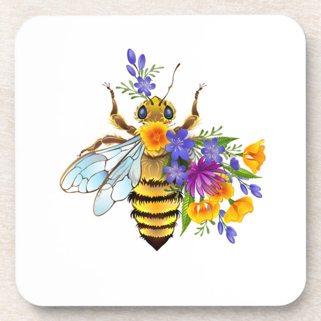 Blumenbiene mit Wildpflanzen Getränkeuntersetzer (Vorderseite)