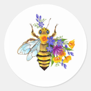 Blumenbiene mit Wildpflanzen Runder Aufkleber