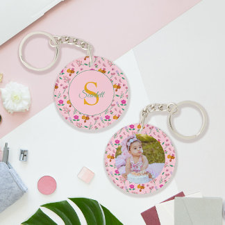 Blumenbienen und -Blume Muster rosa Monogramm Schlüsselanhänger