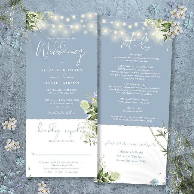 Blumenbläser in einer Hochzeit Einladung (String Lights Floral Dusty Blue All In One Wedding Invitation)