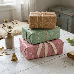 Blumenblatt-Kunstmuster auf Rosa Salbei Grün Braun Geschenkpapier Set