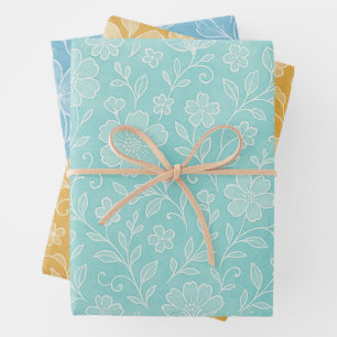 Blumenblatt-Kunstmuster auf Türkisblau Gelb Geschenkpapier Set