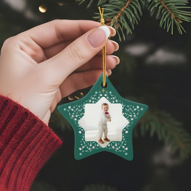 Blumenblätterung Eleganter Green Star 2 Foto Keepa Keramik Ornament (Floral Foliage Elegant Green Star 2 Photo Keepsake Ceramic Ornament)