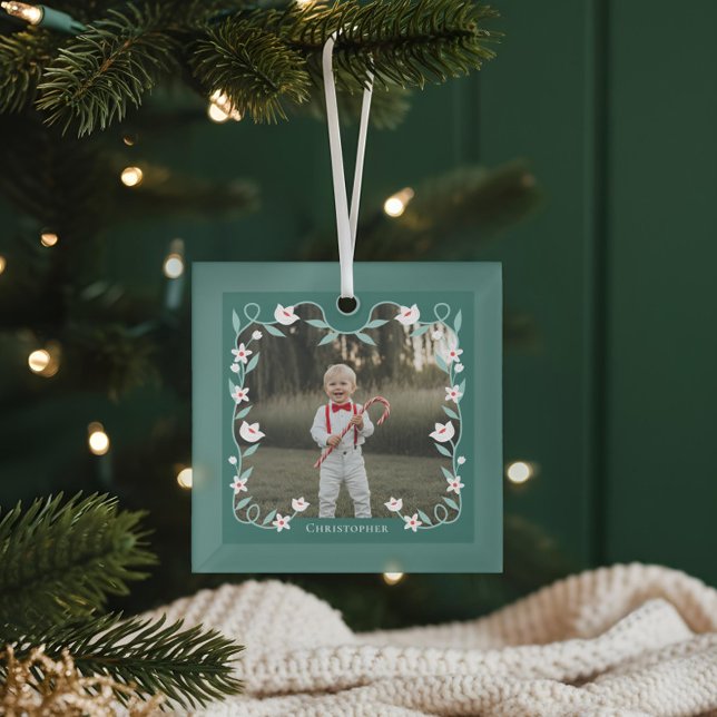 Blumenblätterung Elegantes grünes Foto Name Keepak Ornament Aus Glas (Floral Foliage Elegant Green Photo Name Keepsake Glass Ornamen)