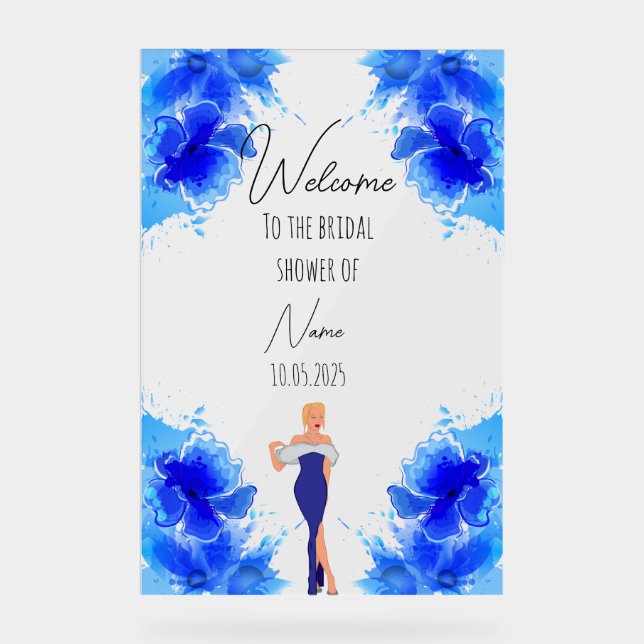 Blumenblau-Acryl-Brautparty Acrylschild (Vorderseite)