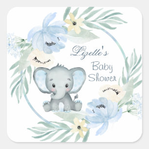 Blumenblau Elephant Baby Dusche Quadratischer Aufkleber