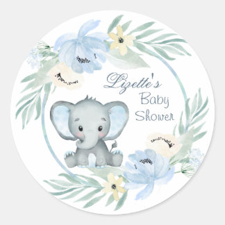 Blumenblau Elephant Baby Dusche Runder Aufkleber