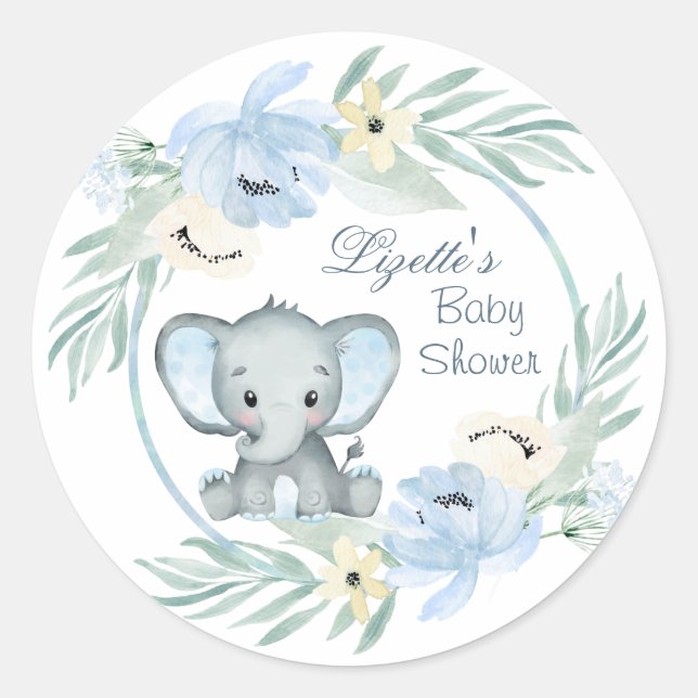 Blumenblau Elephant Baby Dusche Runder Aufkleber (Vorderseite)