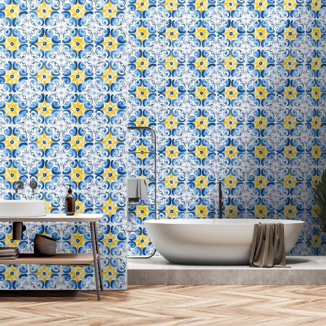 Blumenblau, gelb, mediterrane Ziergestaltung Tapete (Badezimmer)