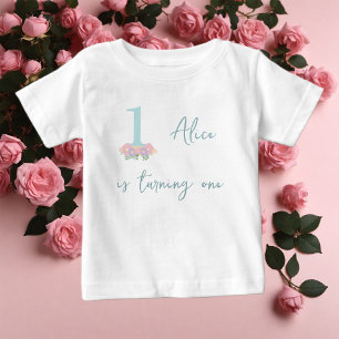 Blumenblau, rosa Pastellfarben 1. Geburtstag Party Baby T-shirt