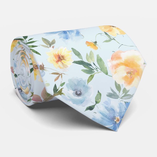 Blumenblau und gelbe Blumen Neck Tie Necktie Krawatte (Gerollt)
