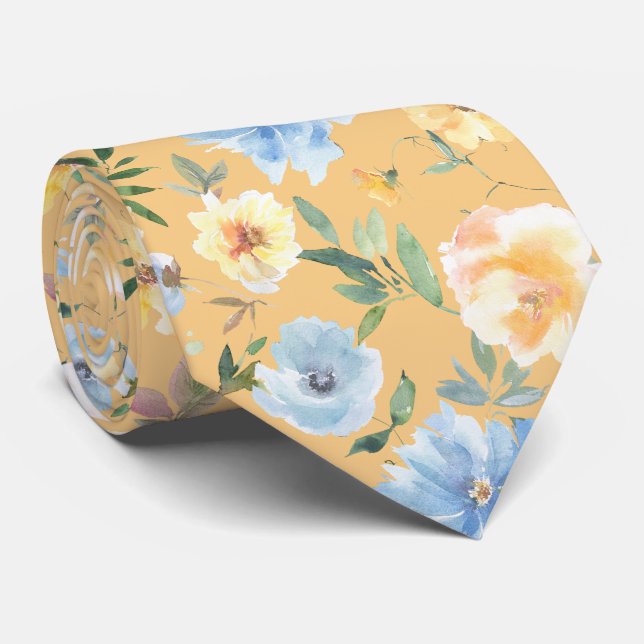 Blumenblau und gelbe Blumen Neck Tie Necktie Krawatte (Gerollt)