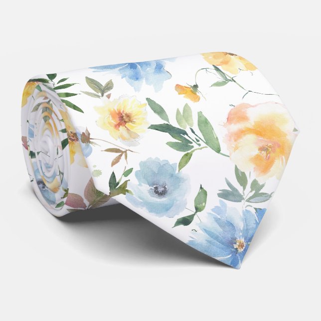 Blumenblau und gelbe Blumen Neck Tie Necktie Krawatte (Gerollt)