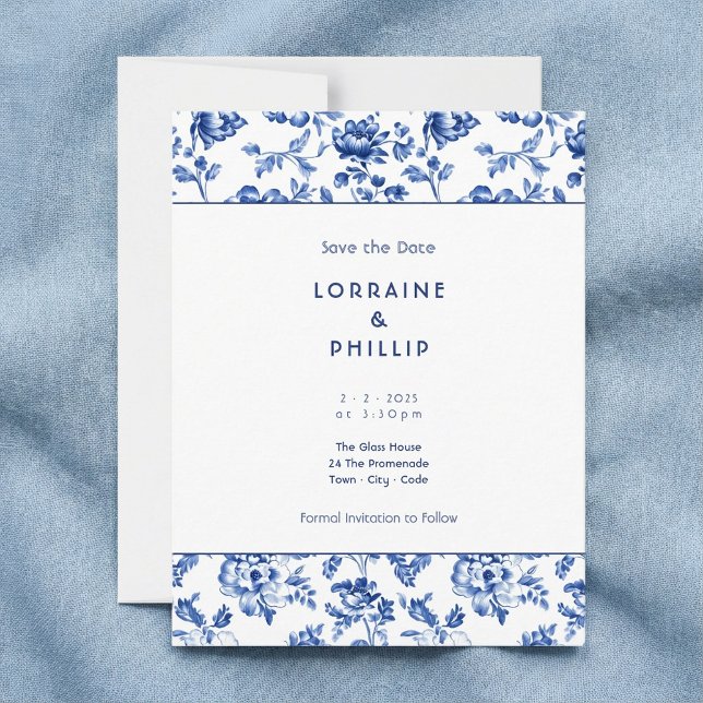 Blumenblau - Vintager Stil Save The Date (Floral blue delftware vintage style save the date.)