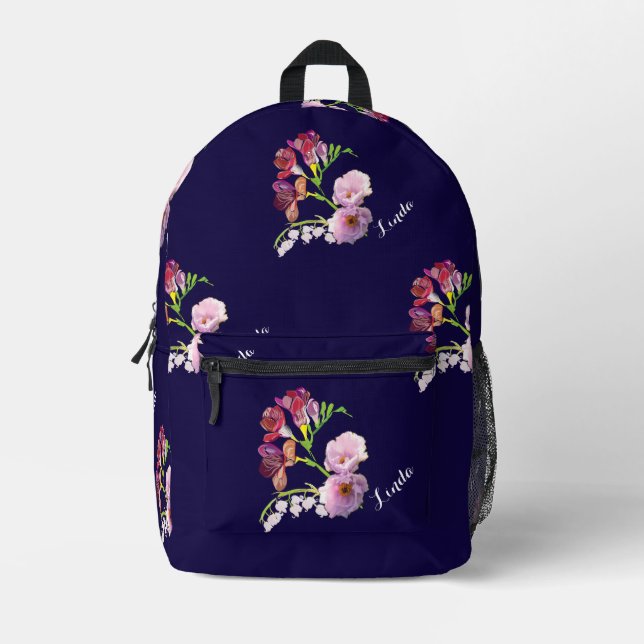 Blumenblau w/Name Druckknopfdruck Nähtasche Bedruckter Rucksack (Vorderseite)