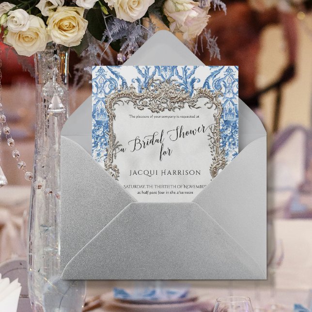 Blumenblau Weiß Vintag Silber Brautparty Einladung (Von Creator hochgeladen)
