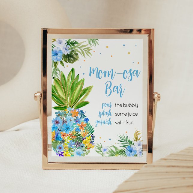 Blumenblauer Ananas Baby Dusche Mama Osa Bar Poster (Blue Gold Pineapple Baby Shower Mom Osa Bar Sign)