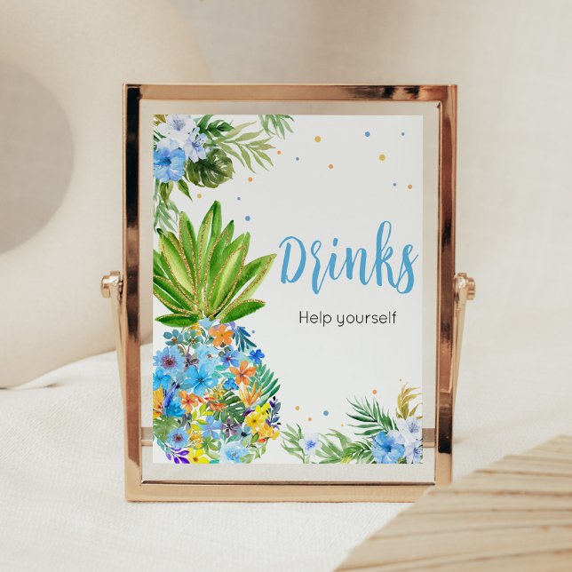 Blumenblauer Ananas Baby Duschgetränke Poster (Blue Gold Pineapple Baby Shower Drinks Sign)