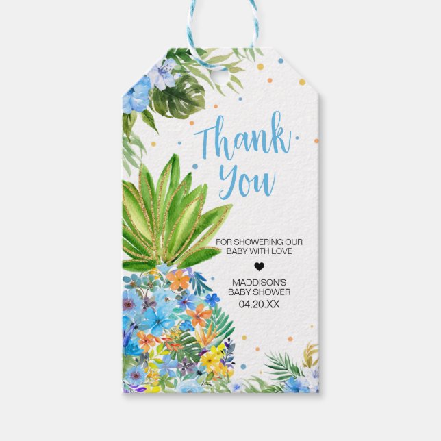 Blumenblauer Ananas Kinderdusche - Begrüßungstags Geschenkanhänger (Vorderseite)