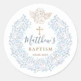 Blumenblauer Baby Angel Cross Taufe Runder Aufkleber