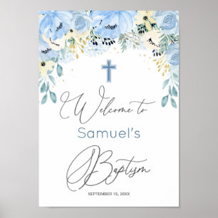 Blumenblauer Baby Boy Taufplakat Poster