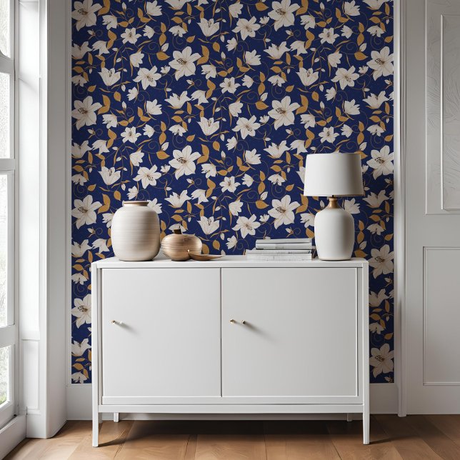 Blumenblauer Beige Lily Botanisches Muster Tapete (Von Creator hochgeladen)