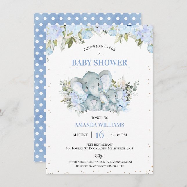 Blumenblauer Elefant und Kindermädchen Babydusche Einladung (Vorne/Hinten)