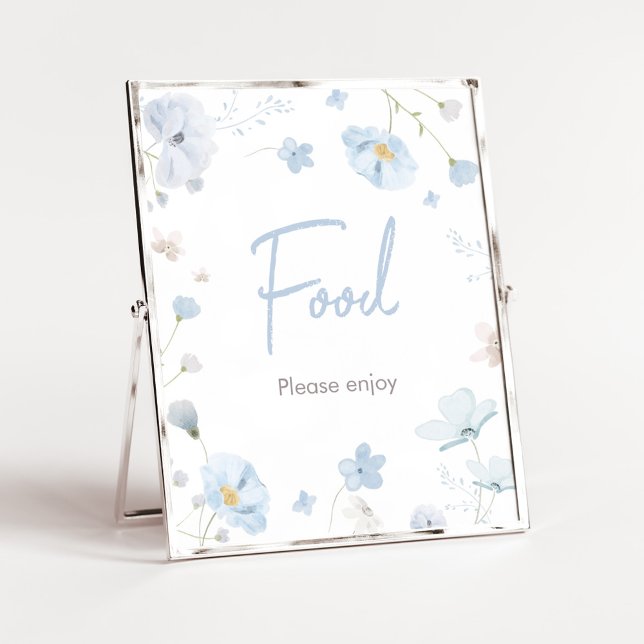 Blumenblauer Frühling Baby in Bloom Baby Dusche Na Poster (Blue Spring Floral Baby in Bloom Baby Shower Food Sign)