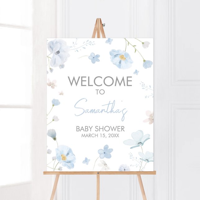 Blumenblauer Frühling Baby in Bloom Willkommen Poster (Blue Spring Floral Baby in Bloom Baby Shower Welcome Sign)