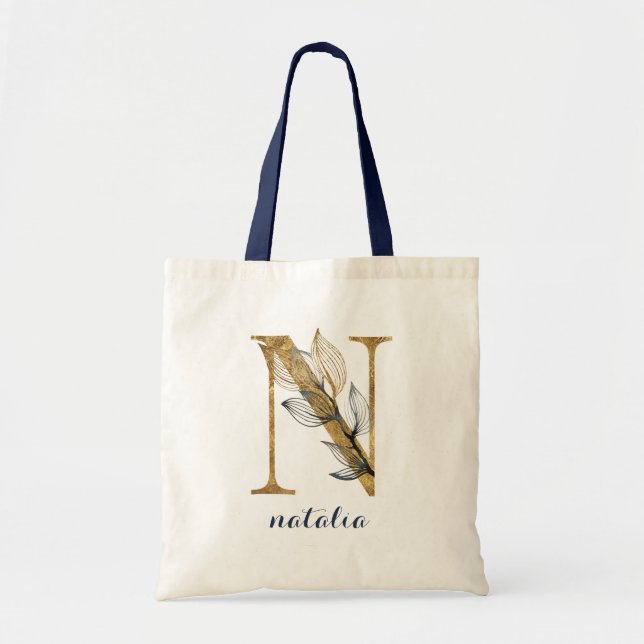 Blumenblauer Goldleaf-Pflanze Monogram Letter "N" Tragetasche (Vorne)