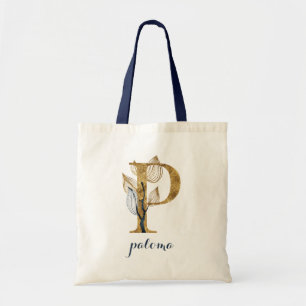 Blumenblauer Goldleaf-Pflanze Monogram Letter "P" Tragetasche