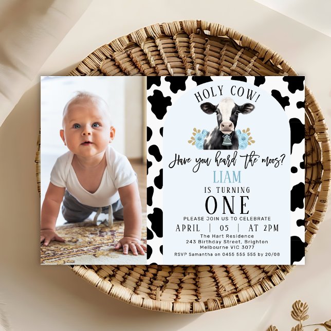Blumenblauer Kuh Foto Heilige Kuh 1. Geburtstag Einladung (Boy's Holy Cow 1st Birthday Invitation Template, Photo Cow Themed Birthday Invitation, Cow Print)