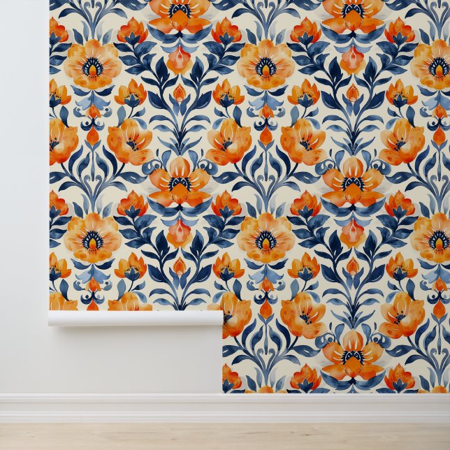 Blumenblauer Orangefarbener Wasserfarbenpegel und  Tapete (Anwendung)