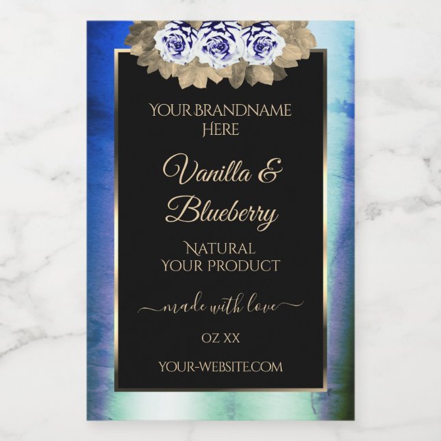 Blumenblauer Rose Schwarzes Etikett (Einzelnes Label)