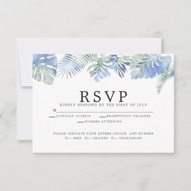 Blumenblauer tropischer Aquarell-Blätter RSVP Karte (Vorderseite)