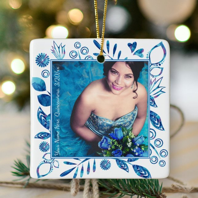 Blumenblauer Weihnachtsmarkt Weihnachten Foto Orna Keramikornament (blue floral quinceanera photo ornament blue mis quince keepsake gift flowers hearts royal blue)