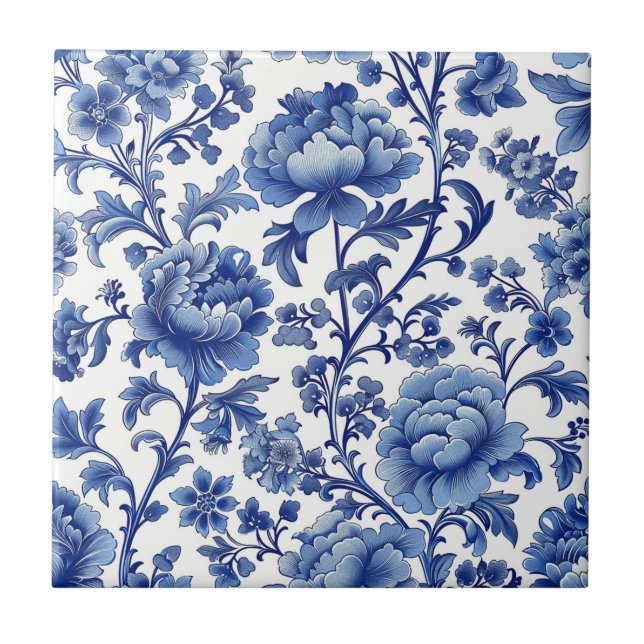 Blumenblauer & weißer Tile Zeitlose Wohngestaltung Fliese (Vorderseite)