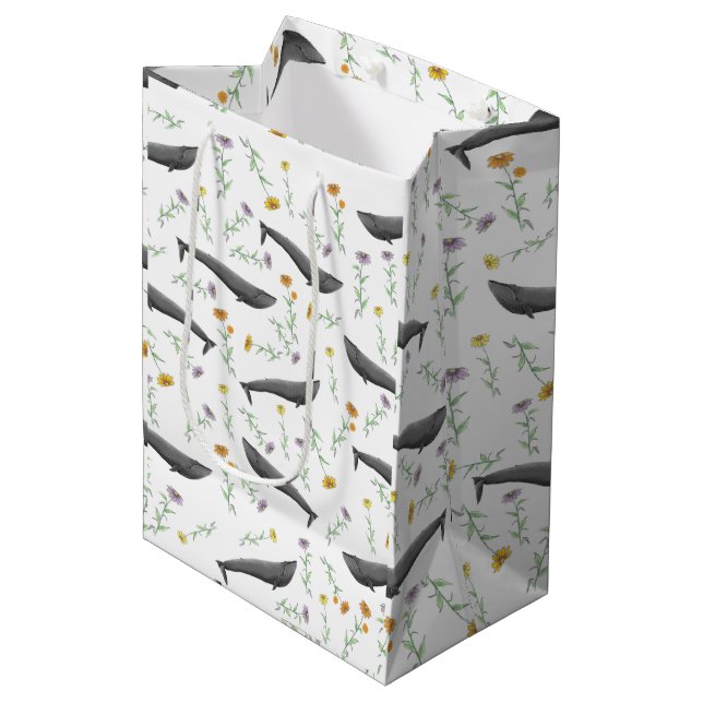 Blumenblauer Whale Frühjahr Illustrationsmuster Mittlere Geschenktüte (Vorderseite Schrägansicht)