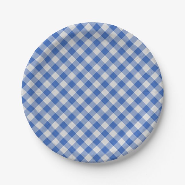 Blumenblume Blauer Gingham Kariert Prüfmuster Pappteller (Vorderseite)