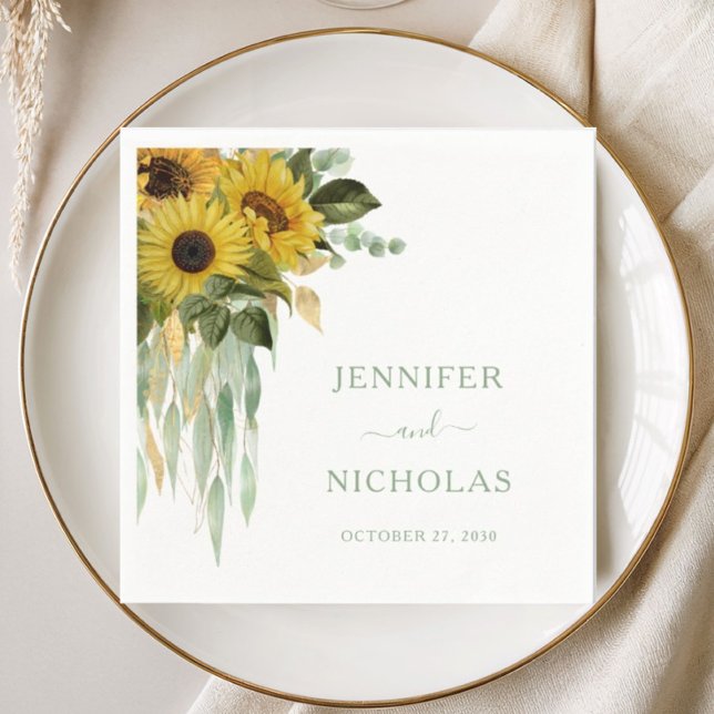 Blumenblume Eukalyptus Sage Grüne Hochzeit Serviette (Floral Sunflower Eucalyptus Sage Green Wedding Napkins)